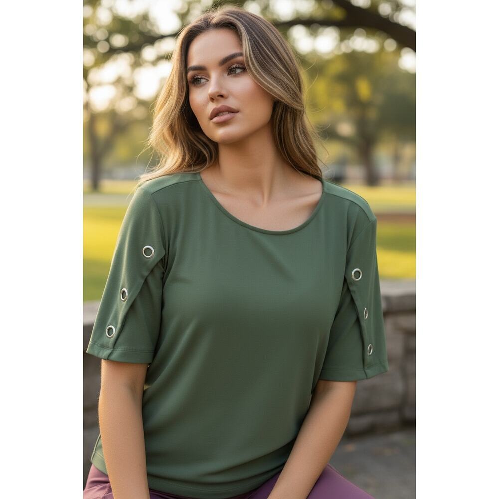 A.U.W Olive Green Grommet Sleeve Top Size M Modern Minimalist Blouse